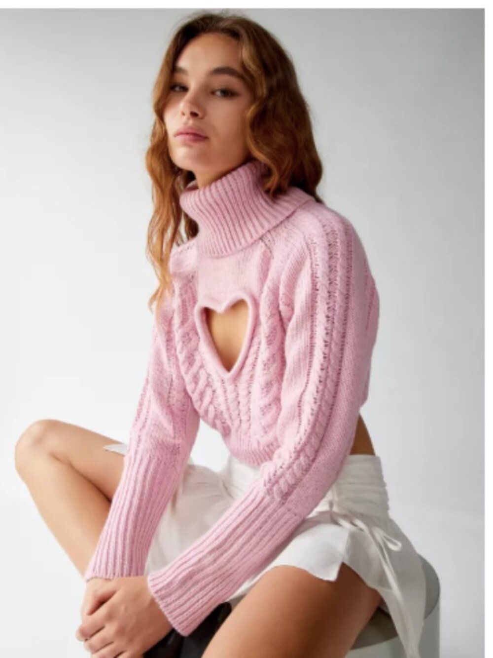 For Love & Lemons Vera Heart Cutout Turtleneck Sweater Cropped Cable Knit Pink